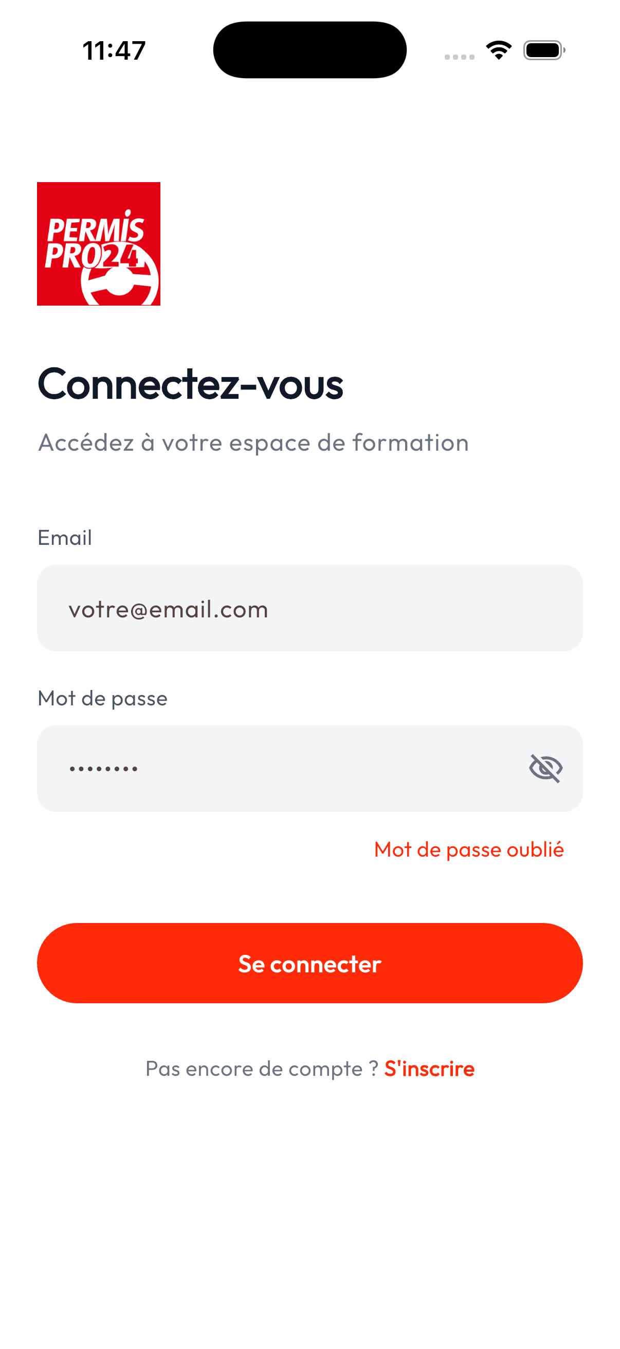 Accueil de l’application Permis Pro 24